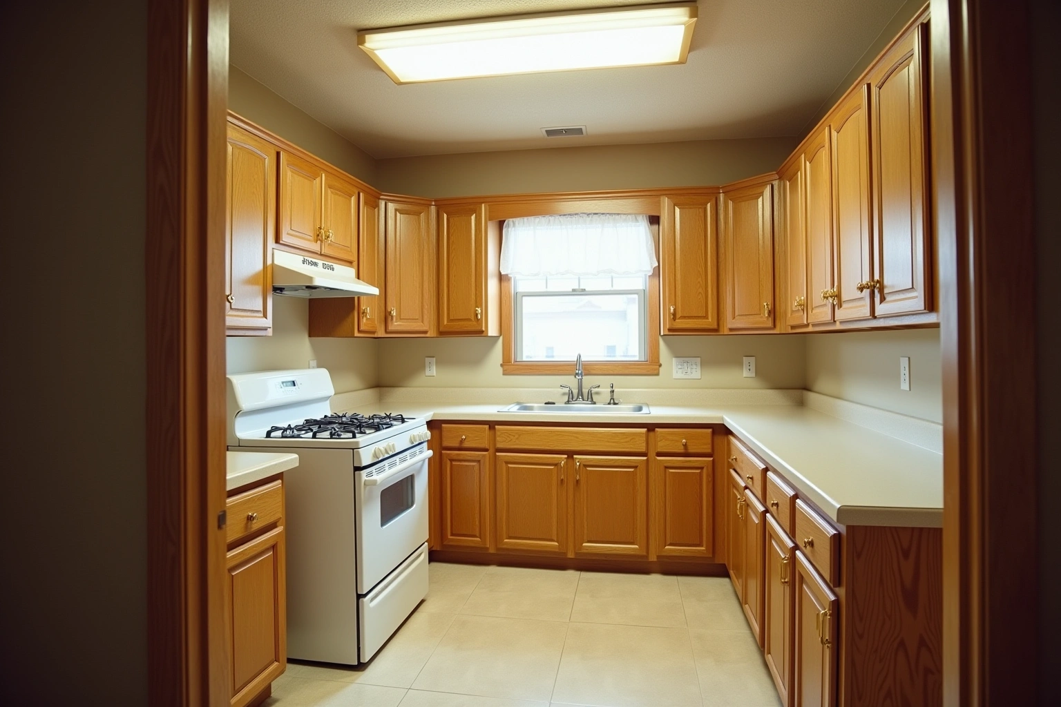 Dated kitchen with honey oak raised-panel doors, almond laminate counters, a white range and fluorescent ceiling light.