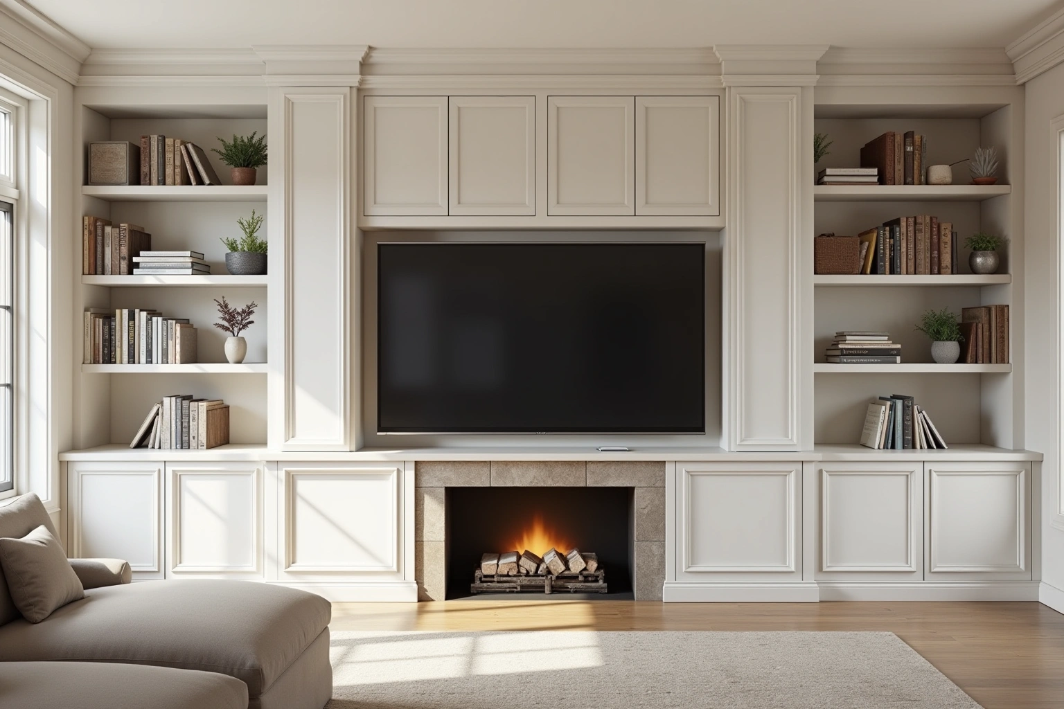 Warm white built-in bookcases flanking a fireplace and media cabinet, with a blank television above.