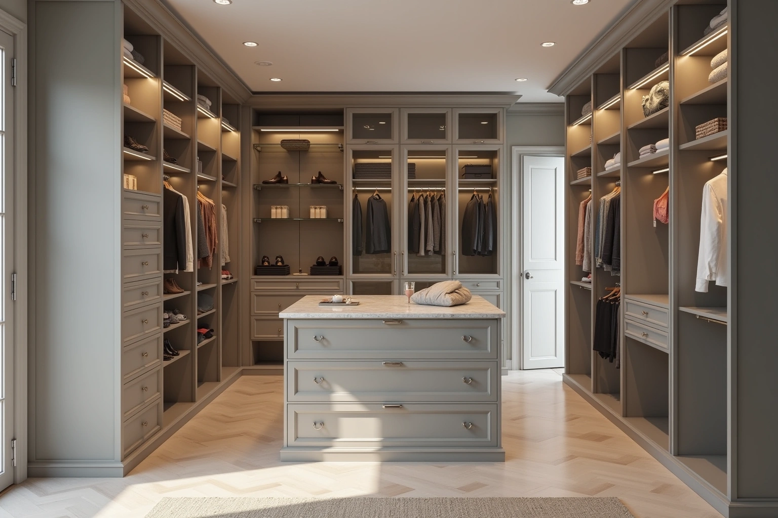 Walk-in closet with taupe floor-to-ceiling fitted cabinetry, glass-front uppers, lit shelves and a centre island of drawers.